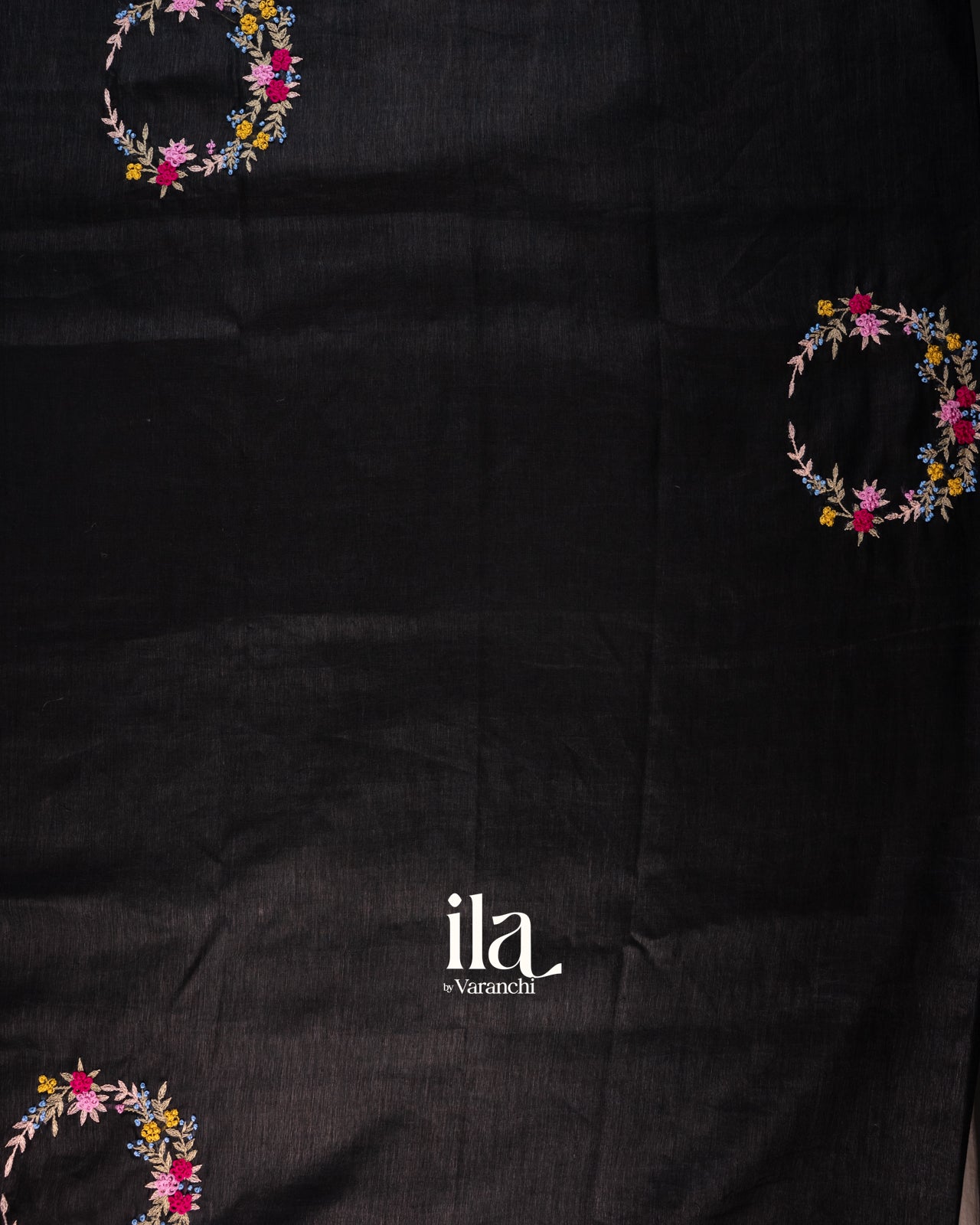 Black Floral French Knot Embroidered Semi Linen Saree