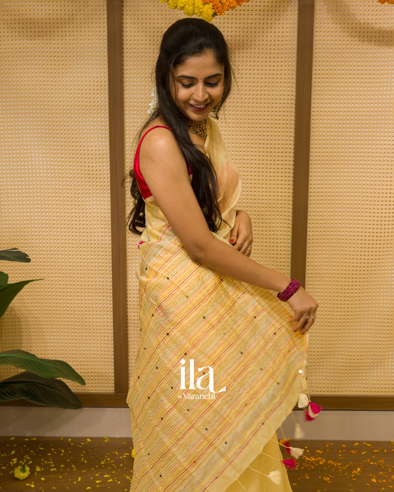 Golden Beige French Knot Embroidered Semi Silk Linen Saree