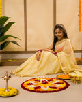 Golden Beige French Knot Embroidered Semi Silk Linen Saree