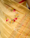 Golden Beige French Knot Embroidered Semi Silk Linen Saree