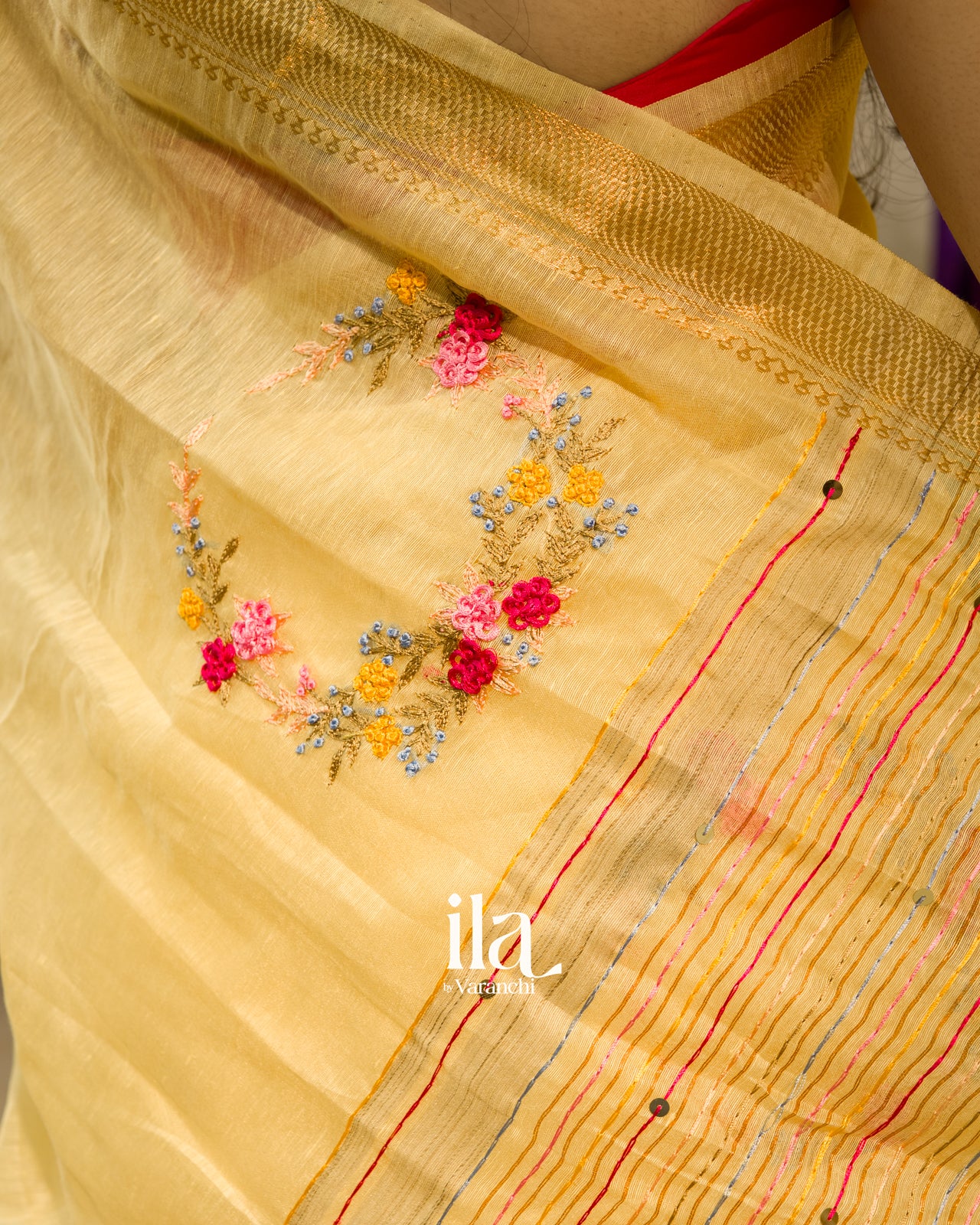 Golden Beige French Knot Embroidered Semi Silk Linen Saree