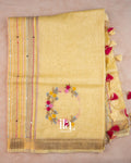 Golden Beige French Knot Embroidered Semi Silk Linen Saree