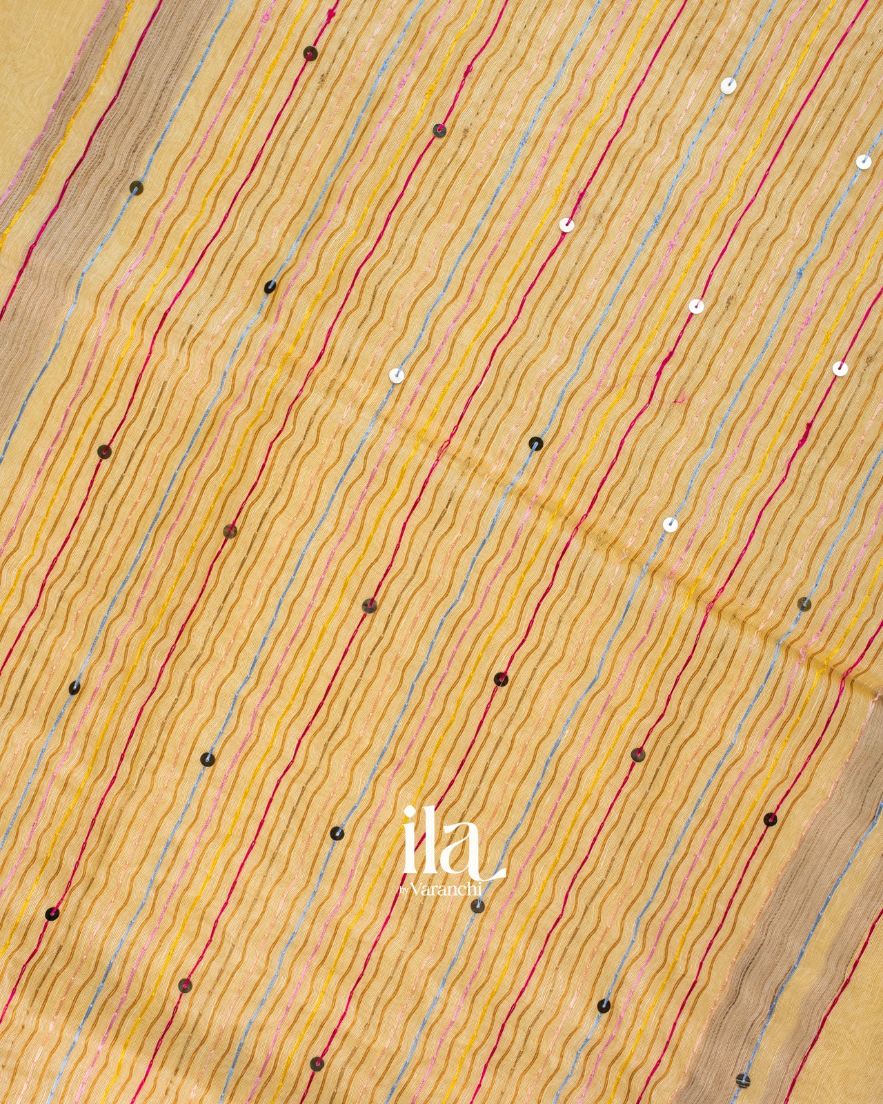Golden Beige French Knot Embroidered Semi Silk Linen Saree