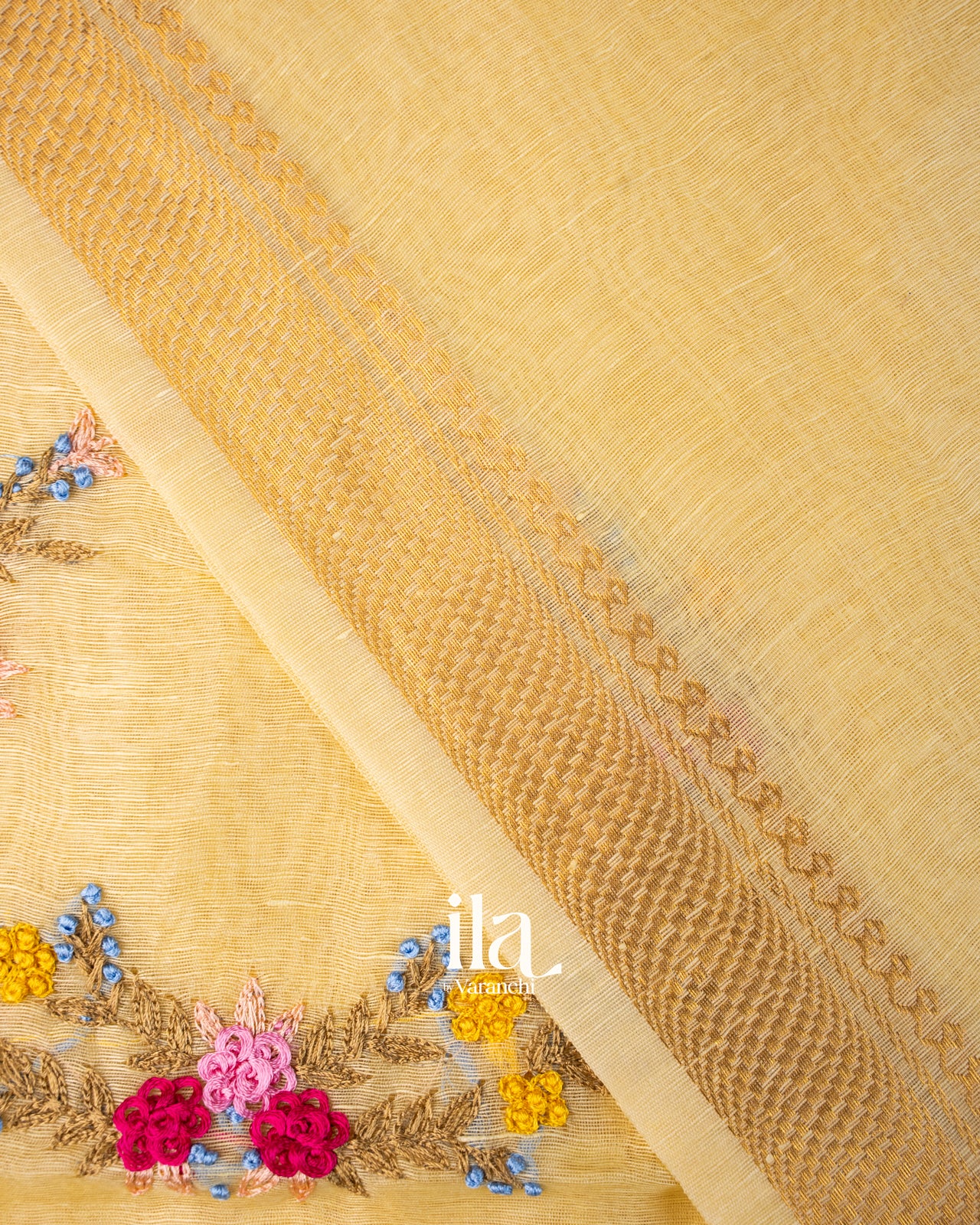 Golden Beige French Knot Embroidered Semi Silk Linen Saree