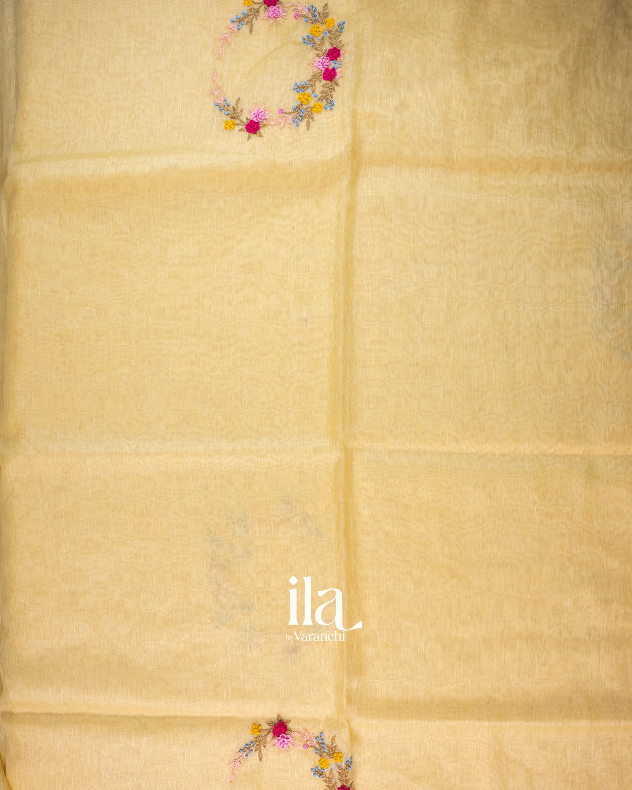 Golden Beige French Knot Embroidered Semi Silk Linen Saree
