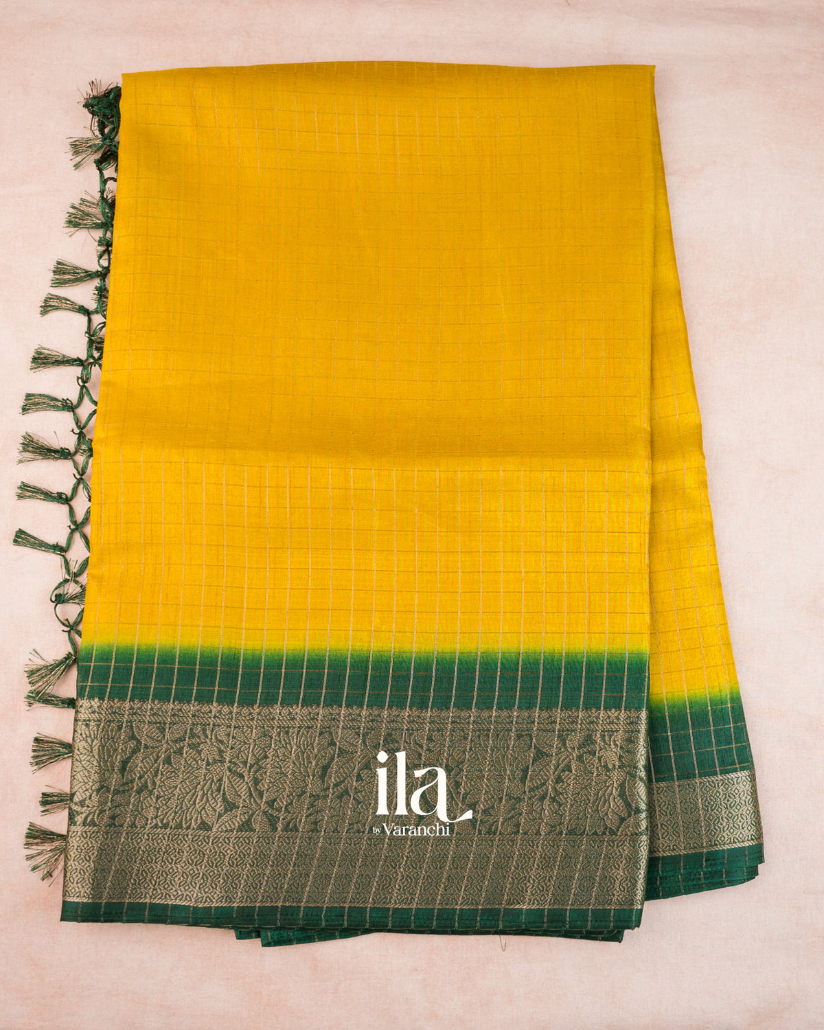 Mango Yellow Checkered Semi Silk Saree — Full Saree