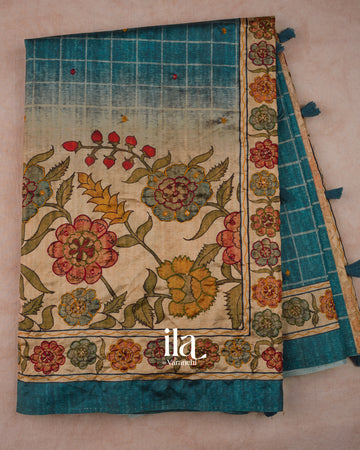 Teal Blue Kalamkari Floral Print Semi Tussar Saree