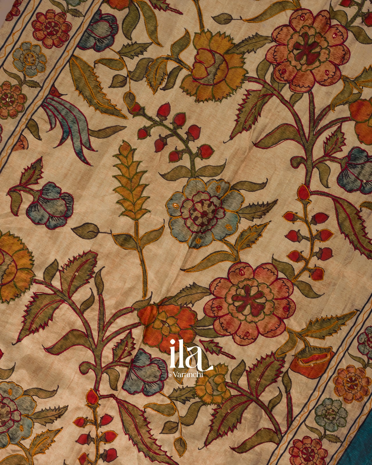 Teal Blue Kalamkari Floral Print Semi Tussar Saree