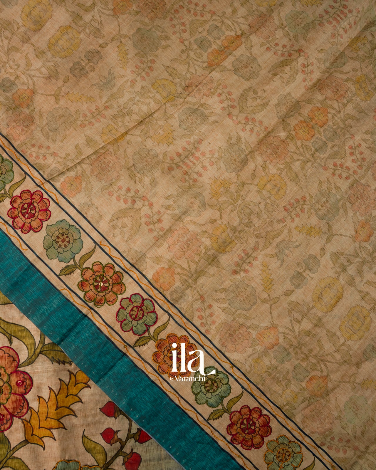 Teal Blue Kalamkari Floral Print Semi Tussar Saree