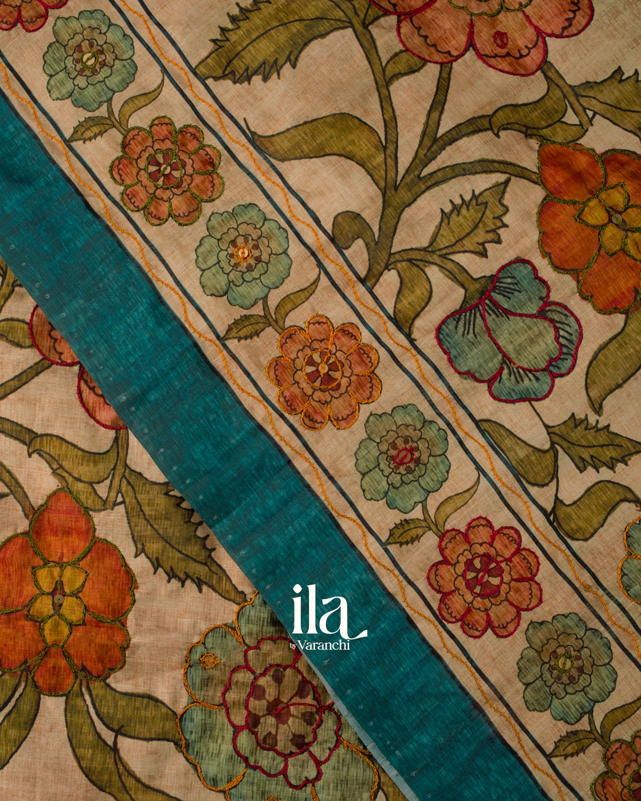 Teal Blue Kalamkari Floral Print Semi Tussar Saree