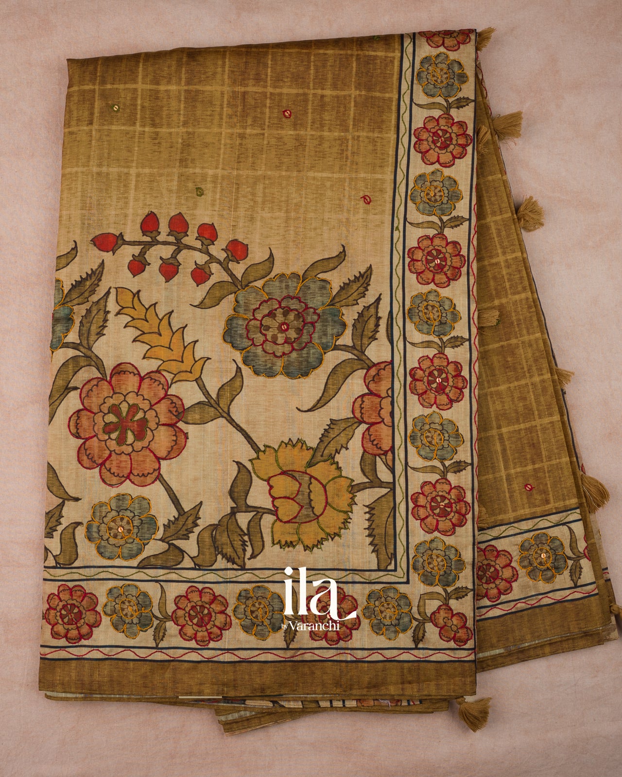 Rust Brown Kalamkari Print Semi Tussar Saree