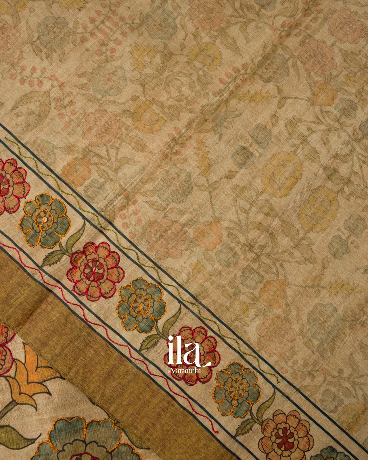 Rust Brown Kalamkari Print Semi Tussar Saree