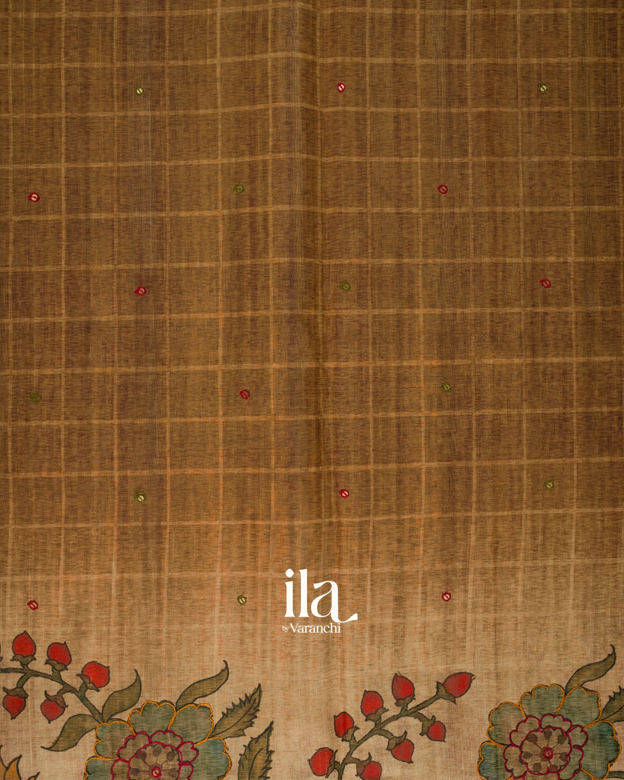 Rust Brown Kalamkari Print Semi Tussar Saree