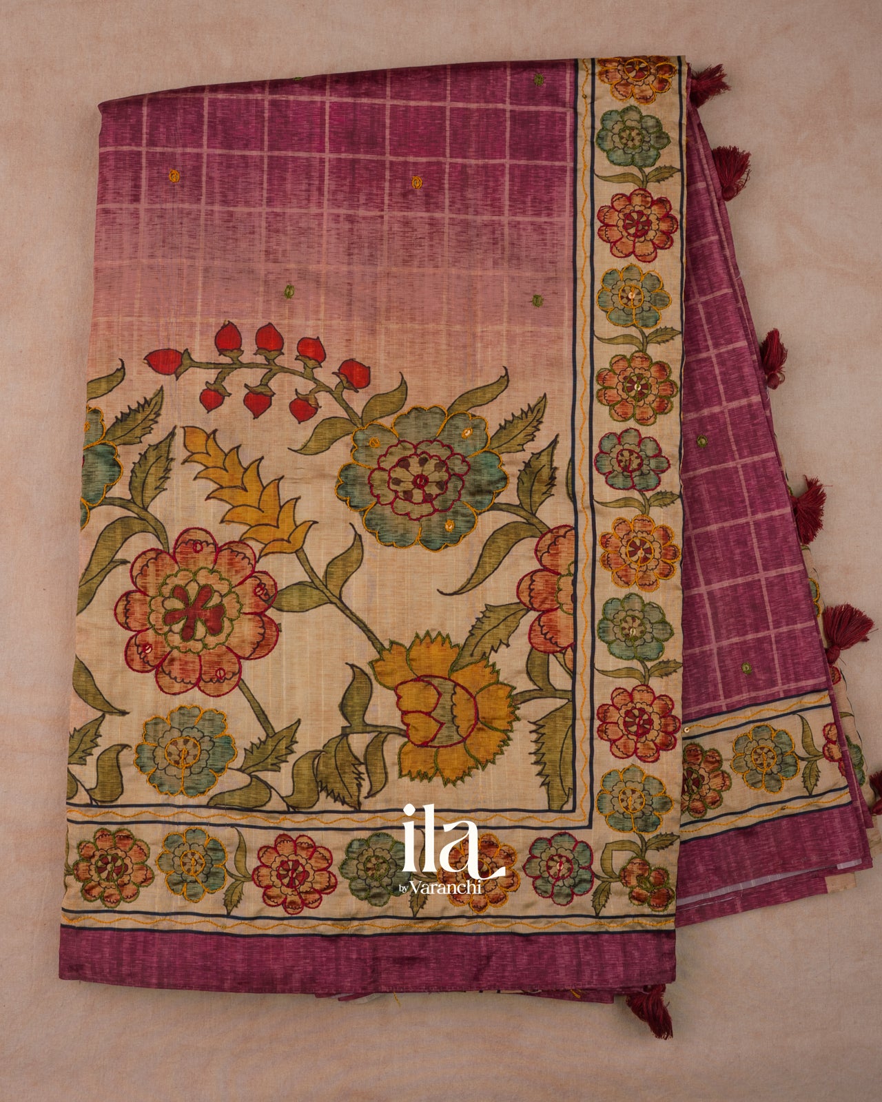 Berry Pink Kalamkari Floral Print Semi Tussar Saree