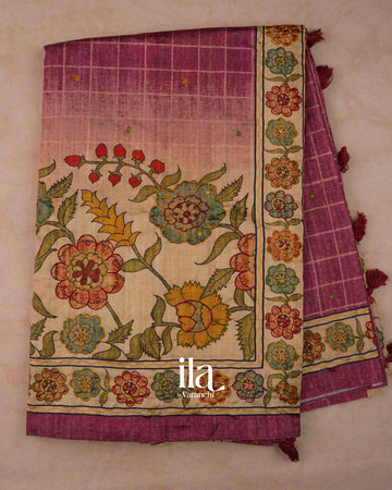 Berry Pink Kalamkari Floral Print Semi Tussar Saree