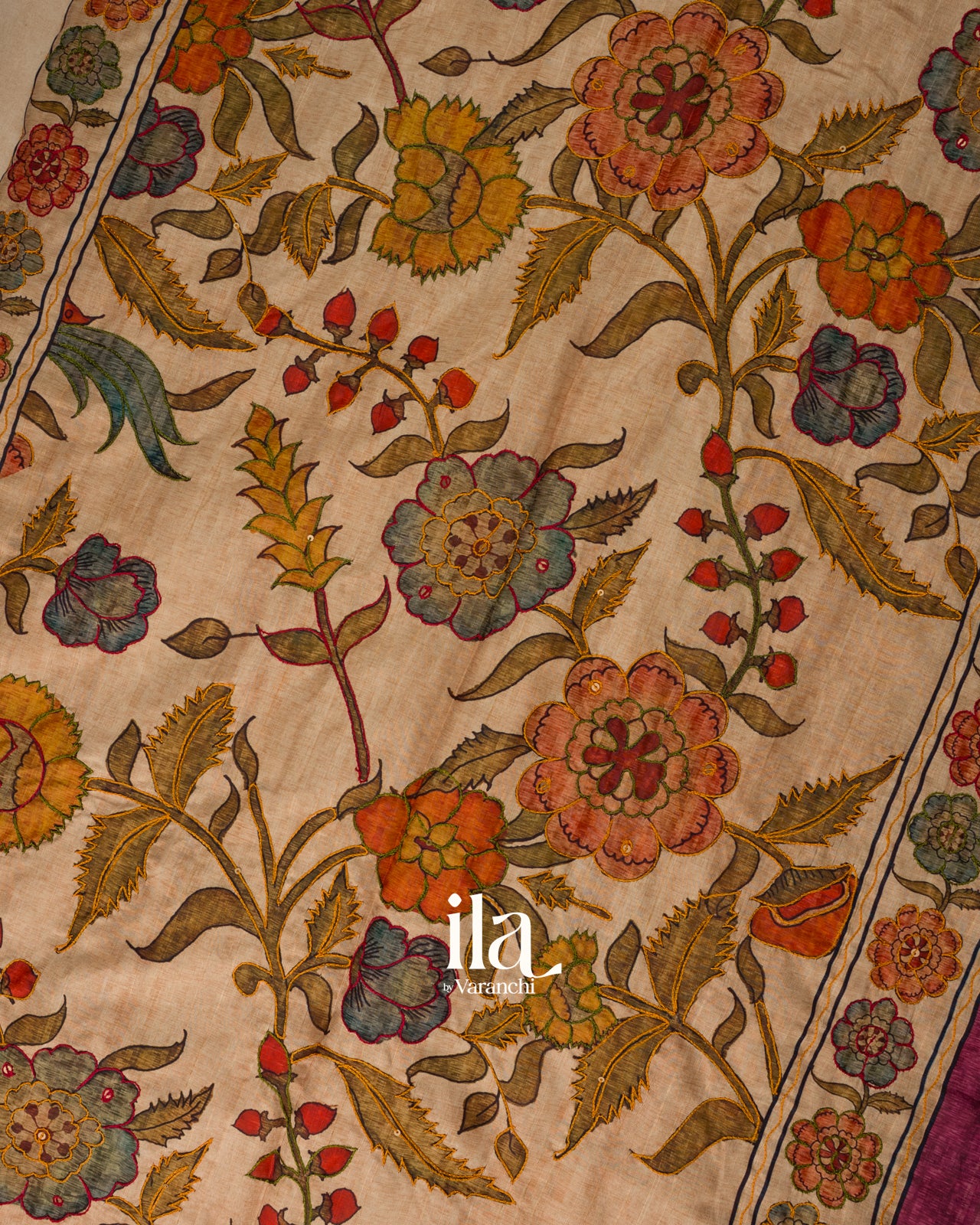 Berry Pink Kalamkari Floral Print Semi Tussar Saree