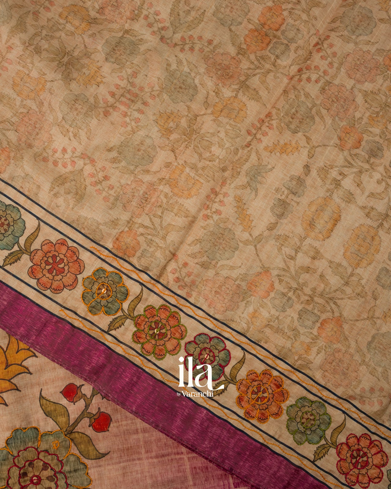 Berry Pink Kalamkari Floral Print Semi Tussar Saree