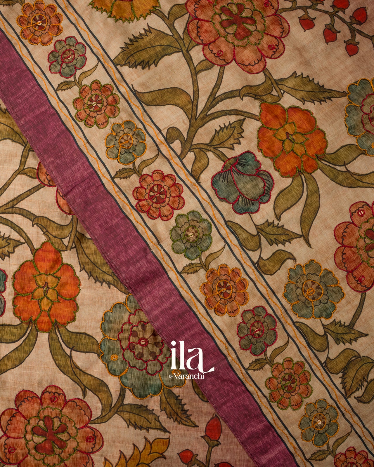 Berry Pink Kalamkari Floral Print Semi Tussar Saree
