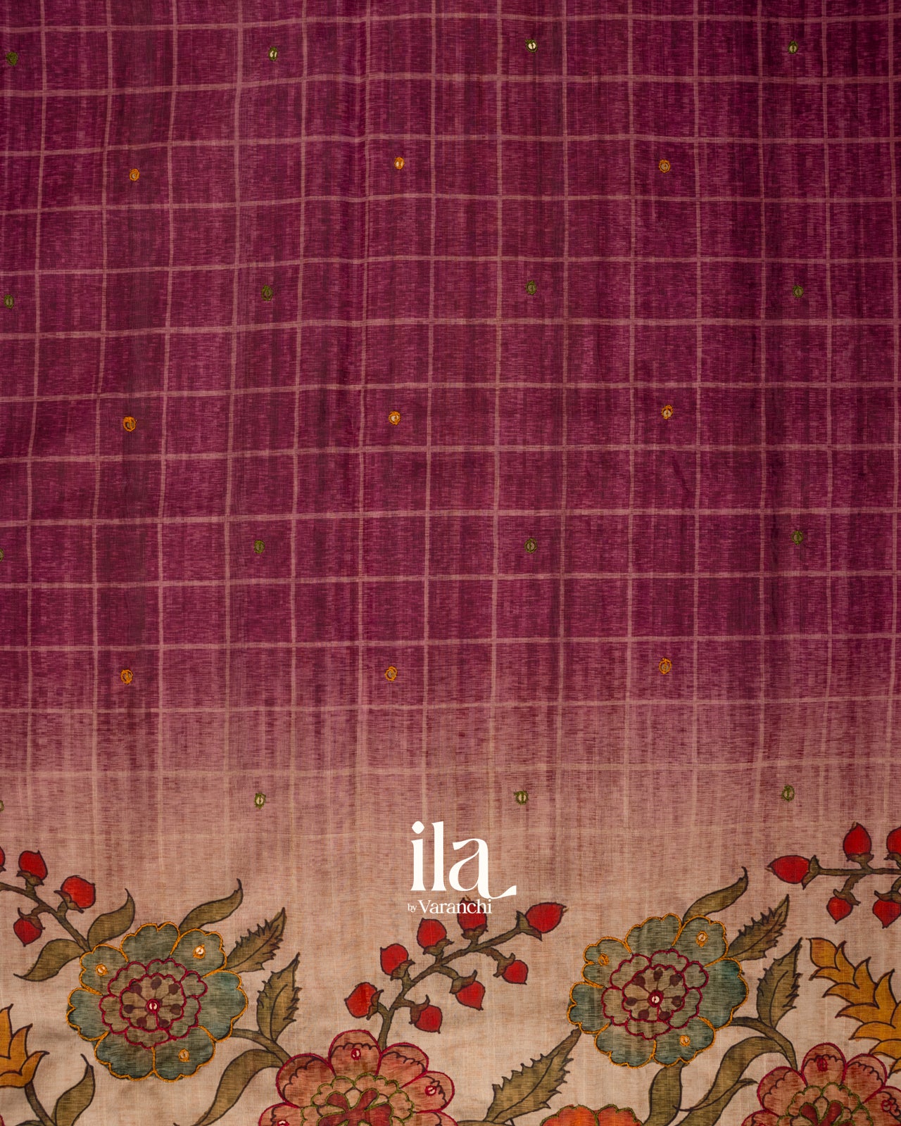 Berry Pink Kalamkari Floral Print Semi Tussar Saree