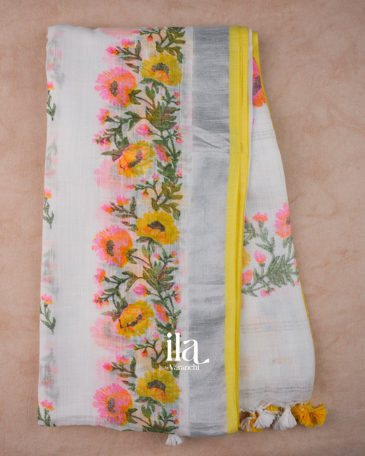 White Floral Printed Semi Linen Saree