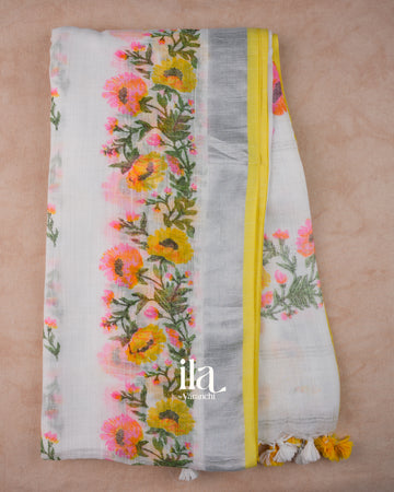White Floral Printed Semi Linen Saree