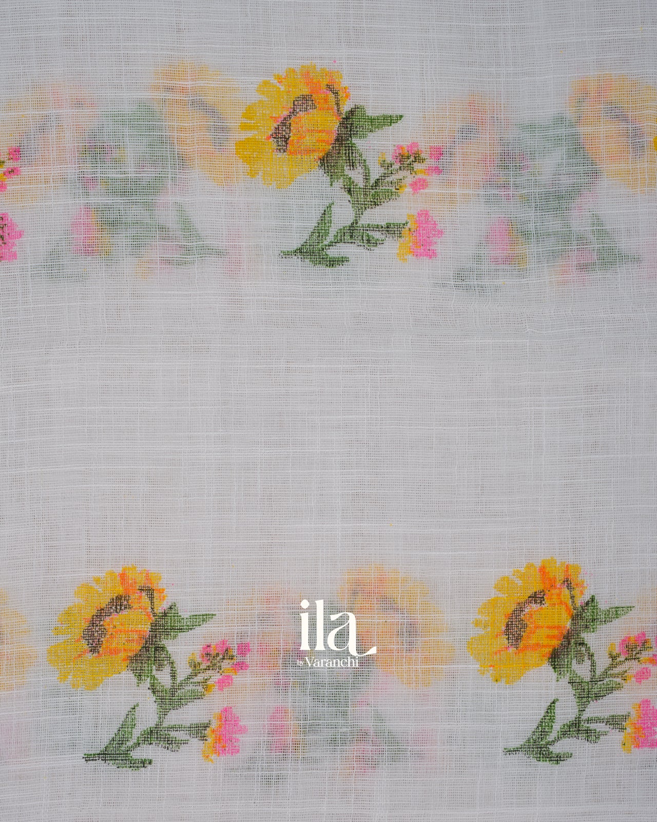 White Floral Printed Semi Linen Saree