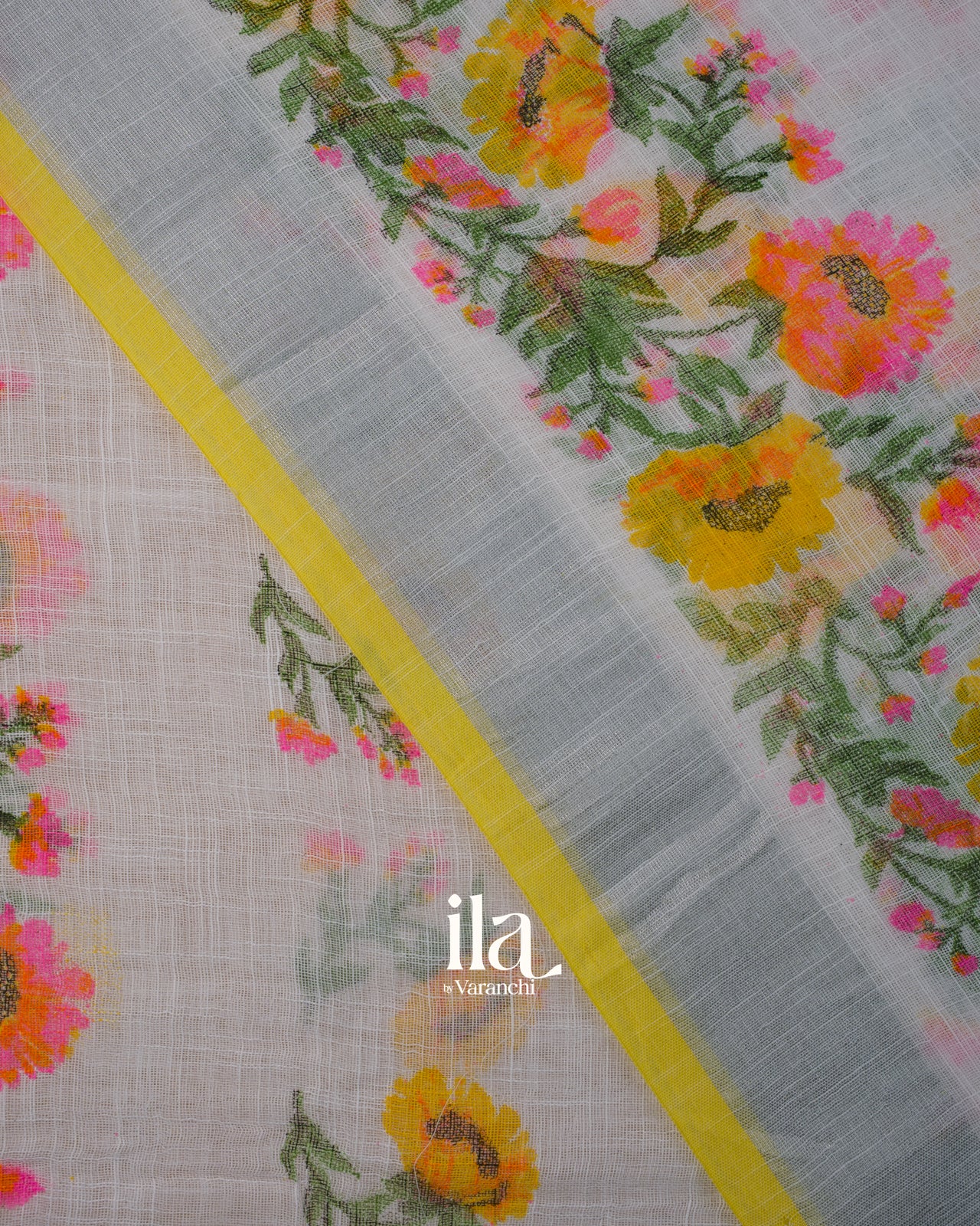 White Floral Printed Semi Linen Saree