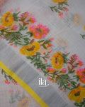 White Floral Printed Semi Linen Saree