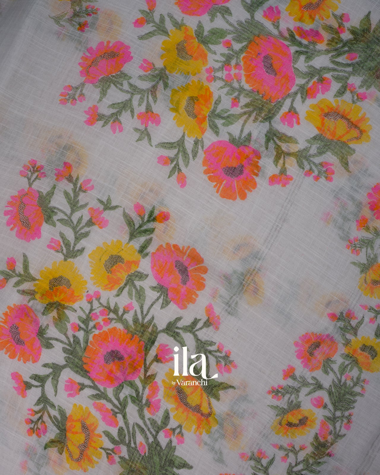 White Floral Printed Semi Linen Saree