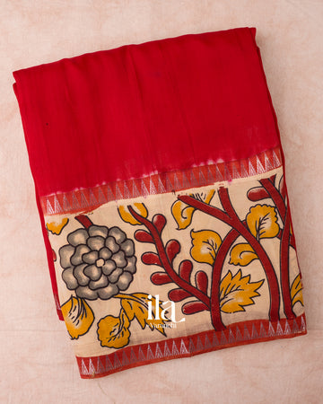 Red Kalamkari Hand-Printed Semi Mangalgiri Silk Cotton Saree