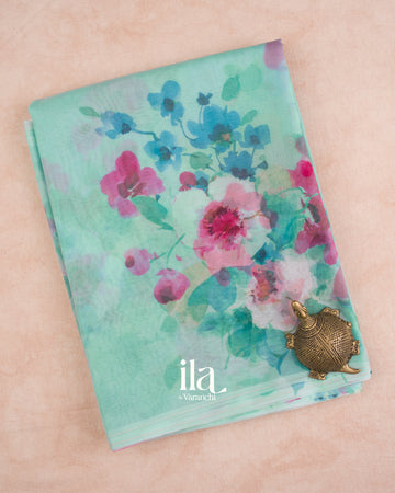 Sky Blue Floral Printed Semi Organza Saree