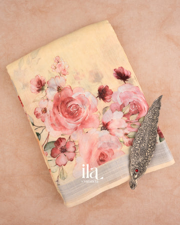 Ivory Floral Printed Pure Linen Saree