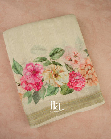 Off White Floral Printed Pure Linen Saree