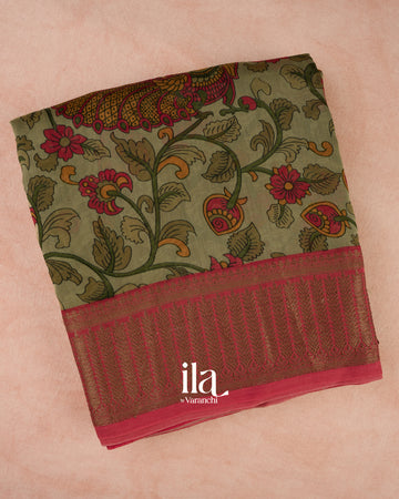 Sage Green Kalamkari Pure Chanderi Cotton Saree