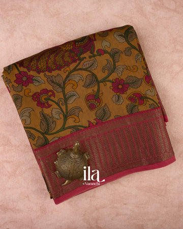 Mustard Yellow Kalamkari Pure Chanderi Cotton Saree