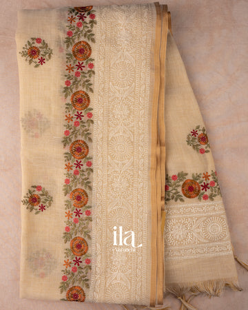 Ivory Embroidered Linen Tissue Saree