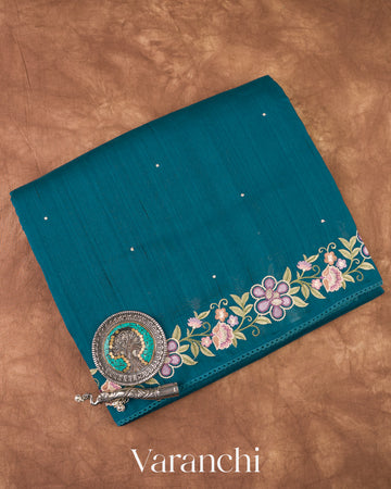 Deep Peacock Blue Semi Tussar Silk Saree