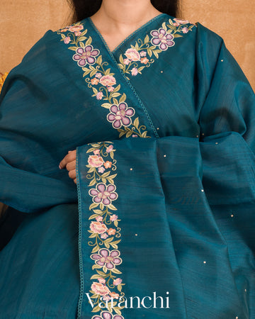 Deep Peacock Blue Semi Tussar Silk Saree