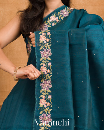 Deep Peacock Blue Semi Tussar Silk Saree